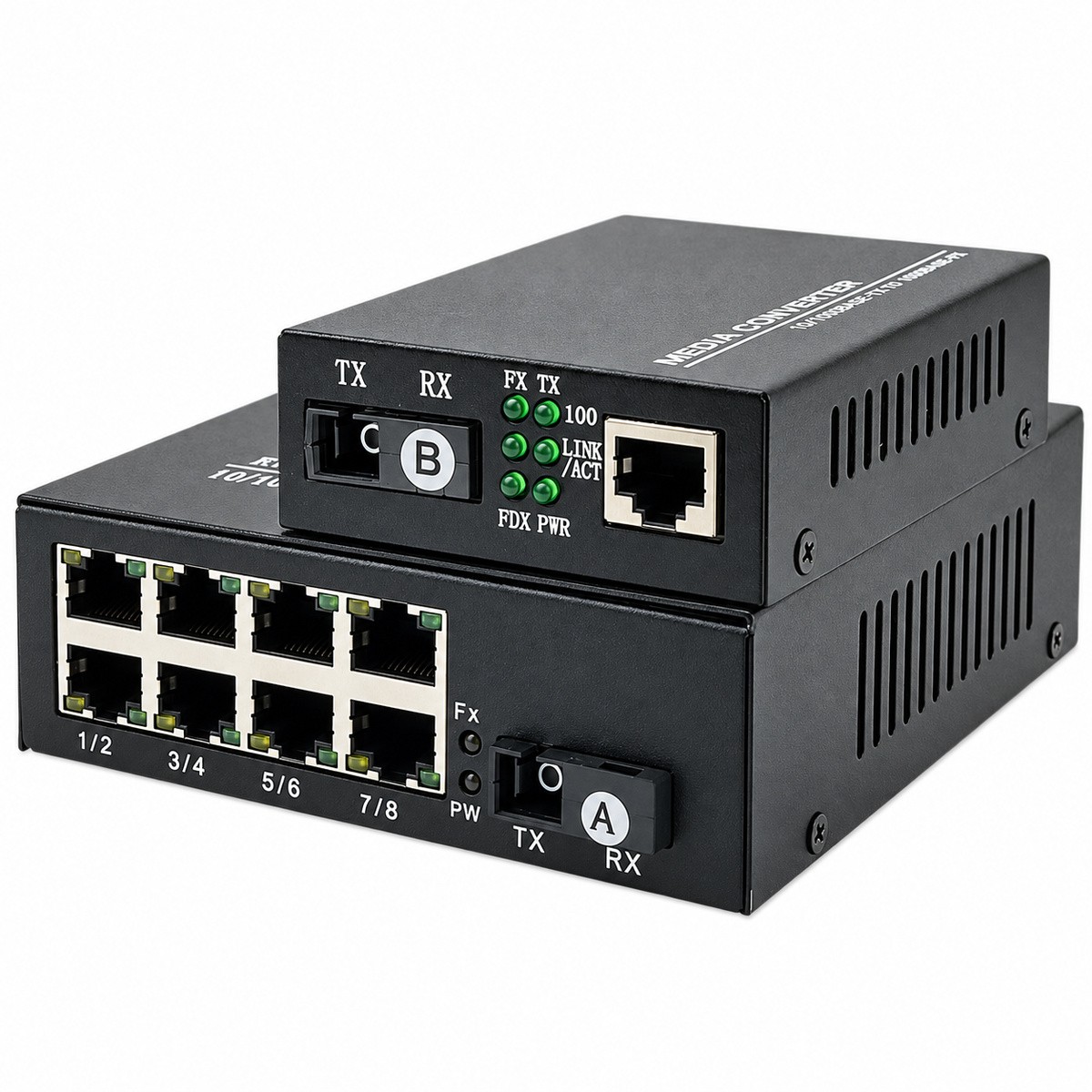 Par Conversor de Mídia Gigabit Fibra A/B 1 e 8 RJ45 Metálico